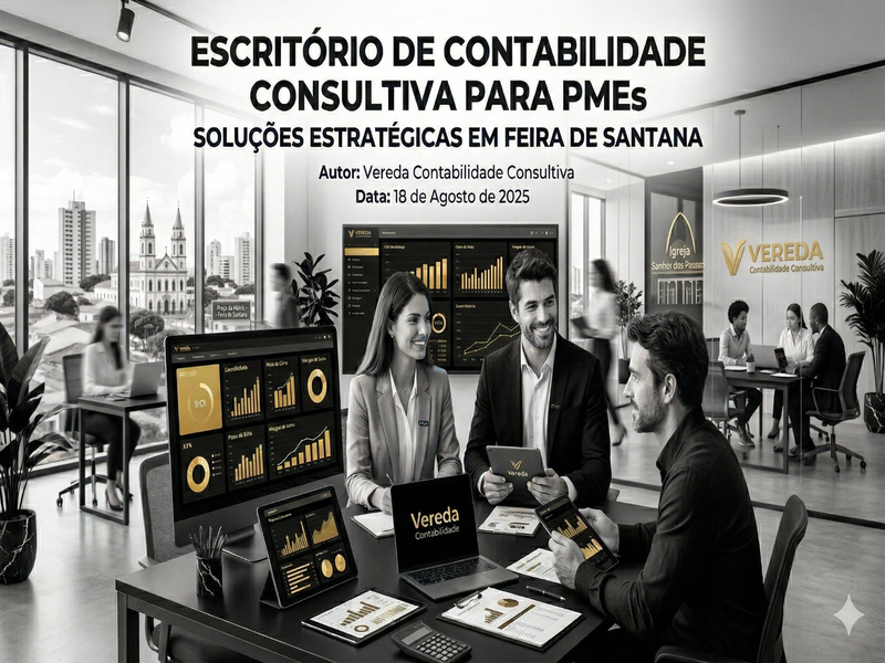 Equipe da Vereda Contabilidade Consultiva reunida em escritório moderno em Feira de Santana, com dashboards financeiros em tela, discutindo soluções estratégicas para PMEs.