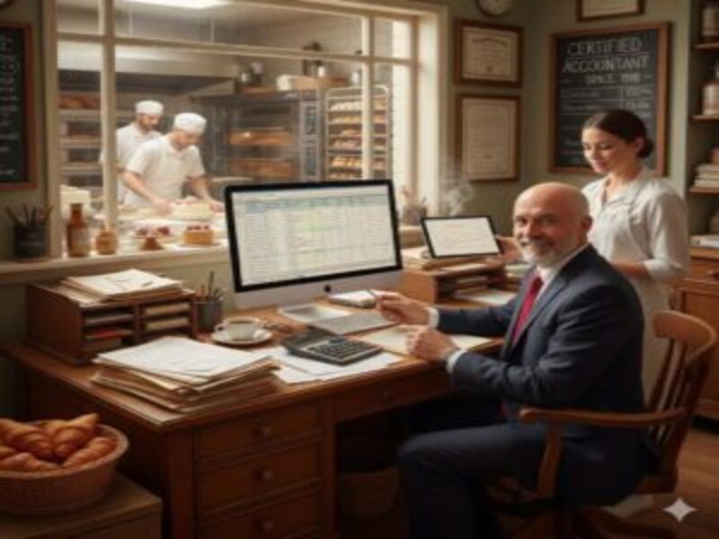 Padaria com pães frescos e gráficos de gestão financeira, ilustrando contabilidade consultiva para padarias