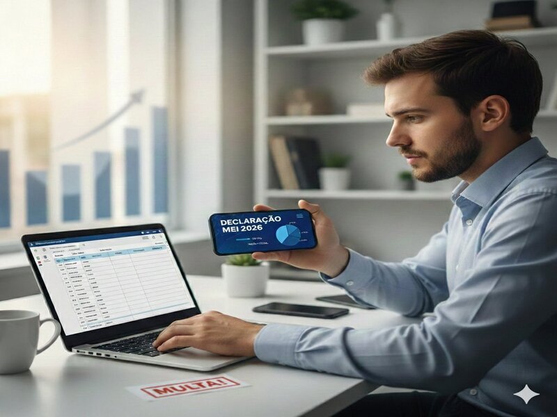 Empreendedor analisando o faturamento no celular e notebook para realizar a Declaração Anual MEI 2026 sem erros.
