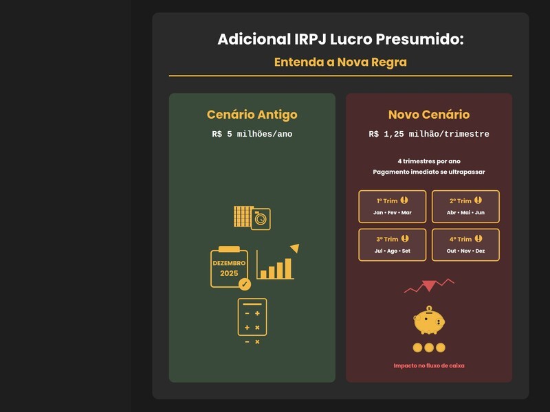 Infográfico comparativo do Adicional IRPJ Lucro Presumido mostrando cenário antigo com limite anual de R$ 5 milhões versus novo cenário com limite trimestral de R$ 1,25 milhão dividido em quatro trimestres