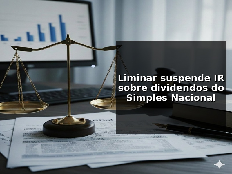 Decisão judicial favorável suspende a cobrança de IR sobre dividendos do Simples Nacional, com balança da justiça e documentos contábeis sobre a mesa.