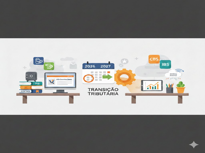Ilustração sobre Transição Tributária no Brasil, mostrando a migração do sistema atual — com tributos PIS, COFINS e a obrigação acessória EFD-Contribuições — para o novo sistema, previsto para 2026 e 2027, com a implementação da CBS, do IBS e do Sistema Digital de escrituração fiscal.
