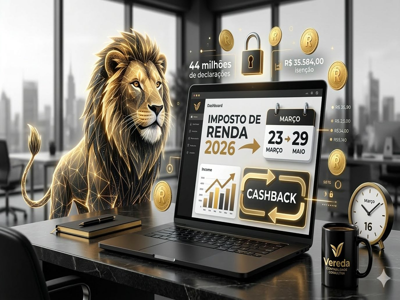 Imagem de capa do IRPF 2026 - Vereda Contabilidade Consultiva - Leão moderno, cashback e transparência financeira