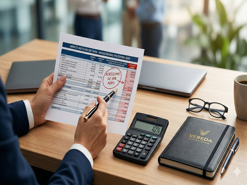 Mão de empresário apontando para planilha sobre o impacto do PIS e Cofins 2026, com agenda preta e amarela da Vereda Contabilidade.