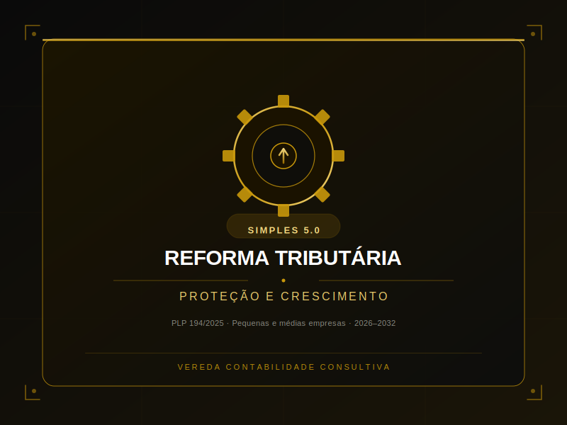 Capa do artigo Simples 5.0: engrenagem dourada sobre fundo preto com a inscrição "Reforma Tributária: Proteção e Crescimento", da Vereda Contabilidade Consultiva.