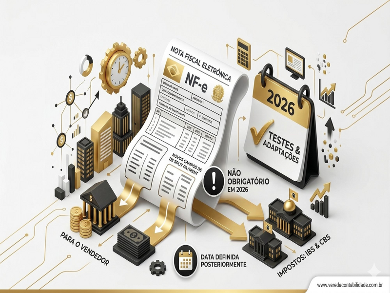 Infográfico ilustrativo em estilo 3D sobre o funcionamento do sistema de Split Payment da Nota Fiscal Eletrônica (NF-e) no Brasil para o ano de 2026. A imagem mostra um fluxo onde o valor de uma nota fiscal é dividido em dois caminhos por setas coloridas: um fluxo para "PARA O VENDEDOR" e um fluxo para "IMPOSTOS: IBS & CBS", com ícones de bancos e prédios governamentais. Ao lado, um calendário do ano 2026 com um checkmark verde indica "TESTES & ADAPTAÇÕES". Um alerta de aviso traz a mensagem "NÃO OBRIGATÓRIO EM 2026", e outro ícone de calendário diz "DATA DEFINIDA POSTERIORMENTE". Elementos como um relógio de engrenagens, gráficos de crescimento e uma calculadora completam o cenário.
