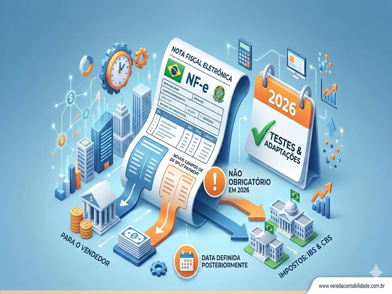 Infográfico ilustrativo em estilo 3D sobre o funcionamento do sistema de Split Payment da Nota Fiscal Eletrônica (NF-e) no Brasil para o ano de 2026. A imagem mostra um fluxo onde o valor de uma nota fiscal é dividido em dois caminhos por setas coloridas: um fluxo azul para "PARA O VENDEDOR" e um fluxo laranja para "IMPOSTOS: IBS & CBS", com ícones de bancos e prédios governamentais. Ao lado, um calendário do ano 2026 com um checkmark verde indica "TESTES & ADAPTAÇÕES". Um alerta de aviso laranja traz a mensagem "NÃO OBRIGATÓRIO EM 2026", e outro ícone de calendário diz "DATA DEFINIDA POSTERIORMENTE". Elementos como um relógio de engrenagens, gráficos de crescimento e uma calculadora completam o cenário sobre um fundo azul claro.