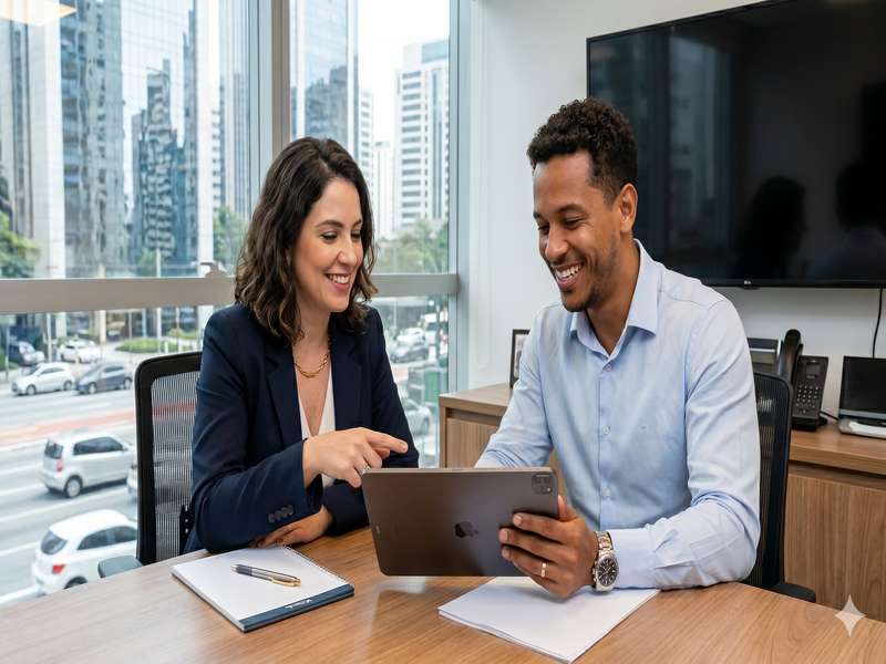 Dois profissionais sorridentes sentados à mesa em um escritório moderno com vista para a cidade. Uma mulher com blazer azul-marinho aponta para um tablet Apple iPad que o homem ao seu lado segura, enquanto ambos analisam informações.