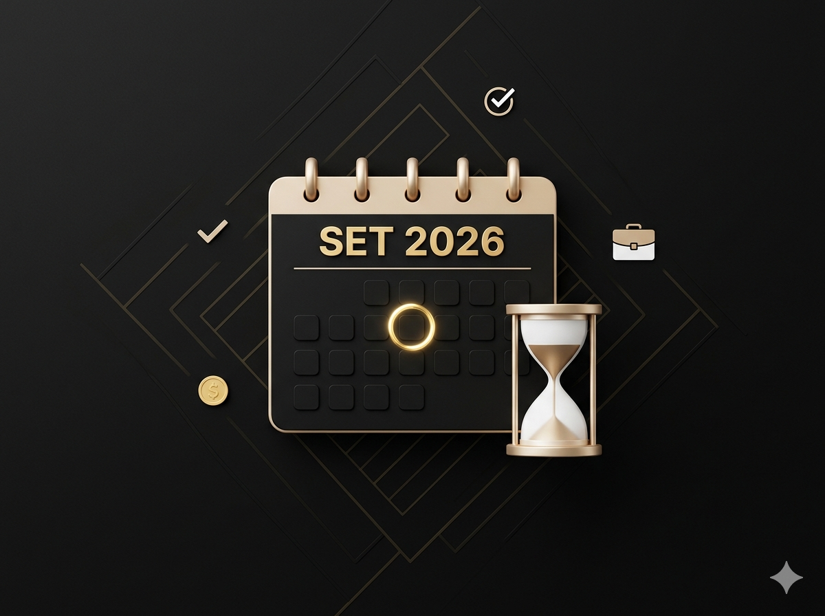 Ilustração corporativa em preto, dourado e branco representando o planejamento do Simples Nacional 2027, com calendário destacando setembro de 2026 e elementos visuais de urgência e decisão tributária.