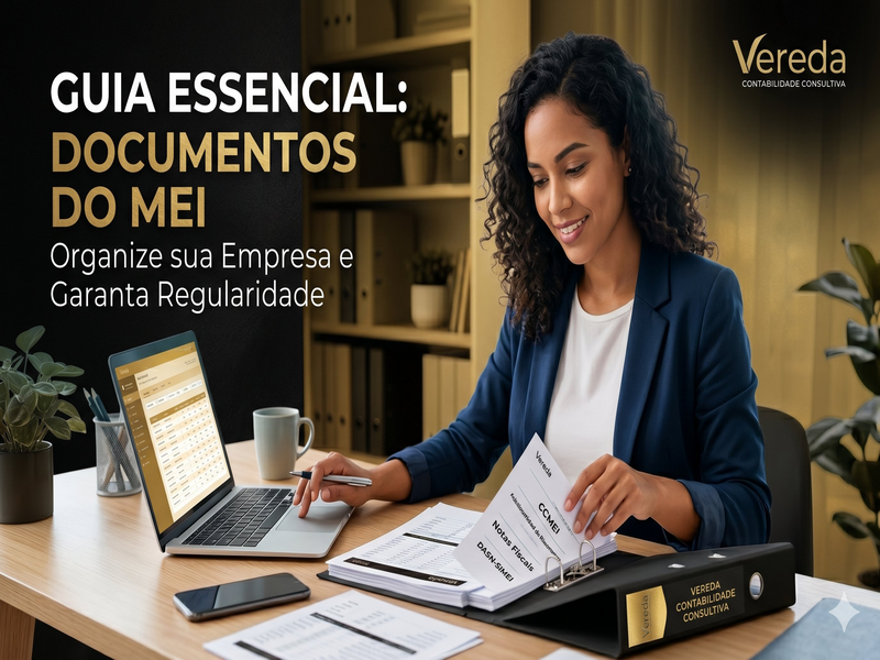 Mulher sorridente com blazer azul organiza documentos em pasta fichário em uma mesa de escritório. Na pasta, são visíveis abas com os itens CCMEI, Notas Fiscais e DASN-SIMEI. Ao fundo, um notebook exibe uma planilha financeira. No canto superior esquerdo, o texto 'Guia Essencial: Documentos do MEI — Organize sua Empresa e Garanta Regularidade'. Logotipo da Vereda Contabilidade Consultiva no canto superior direito