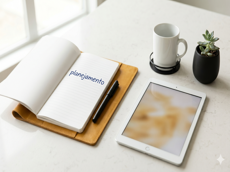Mesa branca com caderno aberto escrito "planejamento", caneta preta, tablet, xícara de café branca e vaso de suculenta — ambiente de organização e trabalho.