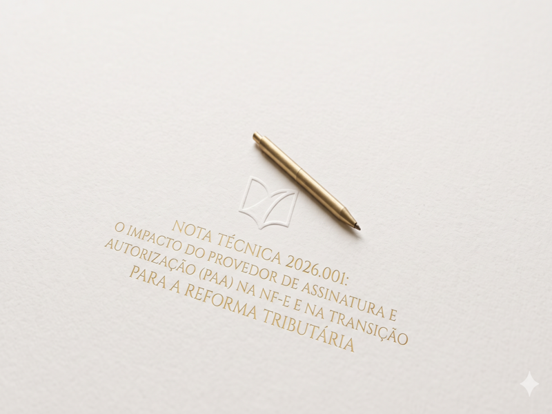 Imagem com fundo bege claro texturizado, estilo papel premium. Ao centro, uma caneta dourada metálica está apoiada sobre um logotipo em relevo de um livro aberto. Abaixo, em texto dourado com tipografia elegante, lê-se: "Nota Técnica 2026.001: O Impacto do Provedor de Assinatura e Autorização (PAA) na NF-e e na Transição para a Reforma Tributária". No canto inferior direito, há um pequeno ícone de estrela dourada.