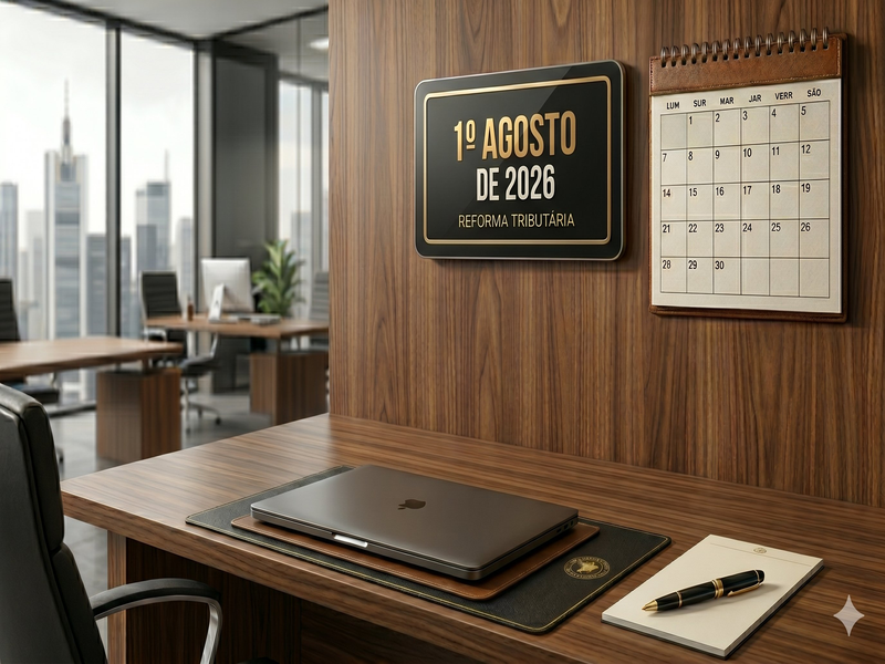 Escritório executivo moderno com mesa de madeira, laptop fechado e bloco de notas. Na parede, placa preta com letras douradas exibindo '1º de Agosto de 2026 – Reforma Tributária', ao lado de um calendário de parede.